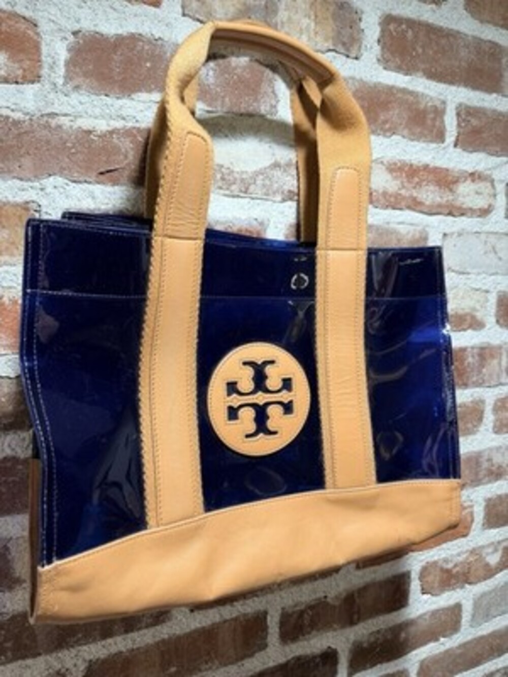 Tory Burch Ella Tote Navy Blue Glossy PVC Tan Leather Trim Large Shoulder Bag